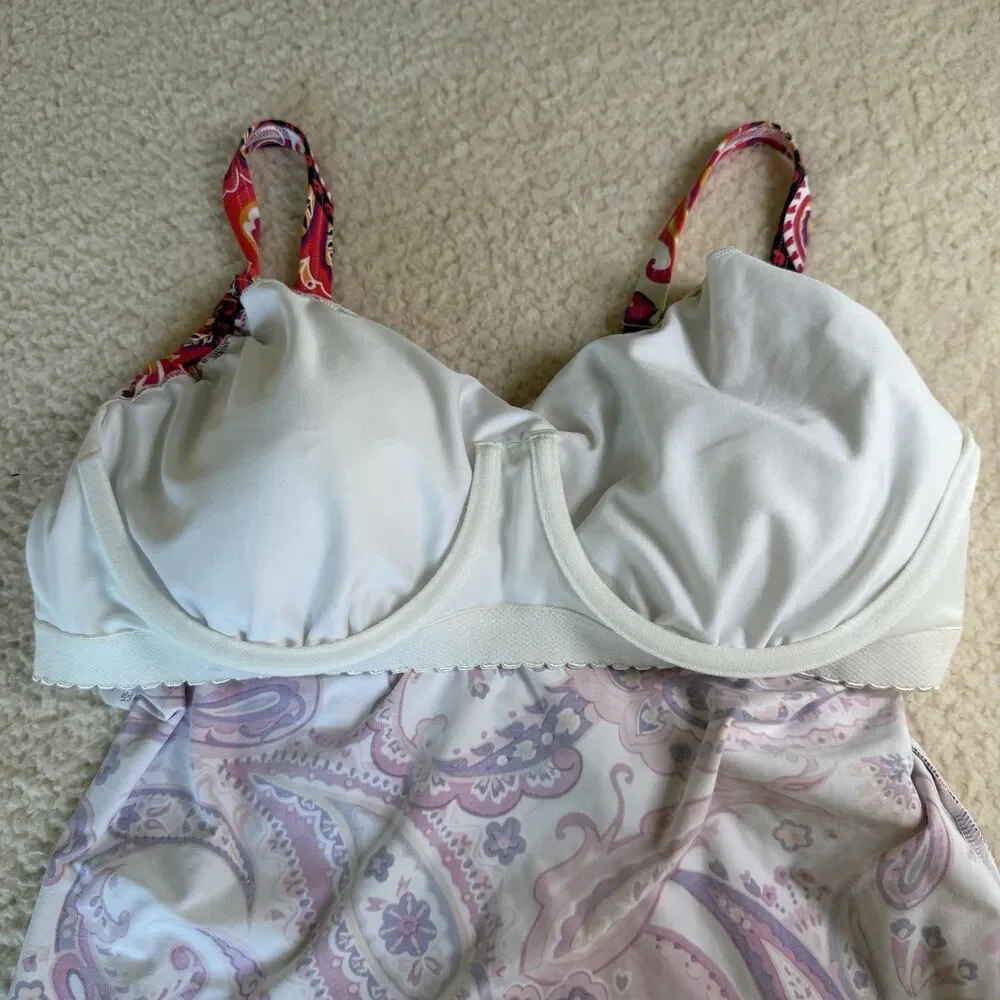 Lands End Tankini Swim Top Pink Paisley Underwire Size 12DD Swim Top
